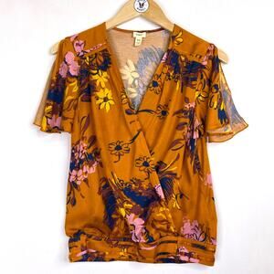 Tiny Anthropologie Top Womens XS Floral Wrap Rust Orange Boho Flutter Sleeve